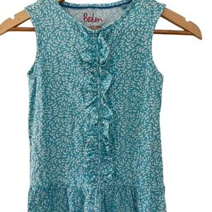 Boden Girls Blue White Leaf Print Ruffle Sleeveless Jersey Dress Size 9-10Y‎